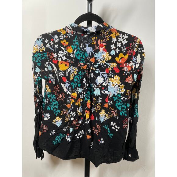 MAEVE Anthropologie Floral Woodland Friends Blouse 0 Rayon Animal Flowy Black - Picture 9 of 10